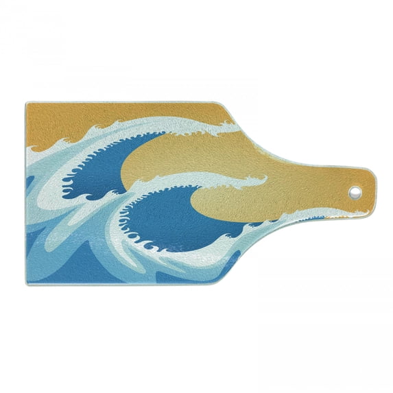 Japanese Cutting Board, Huge Sea Waves at Summer Noon Art Picture Tropical Ocean Storm Tide, Tempered Glass Cutting and Serving Board, Wine Bottle Shape, Blue Marigold and White, by Ambesonne