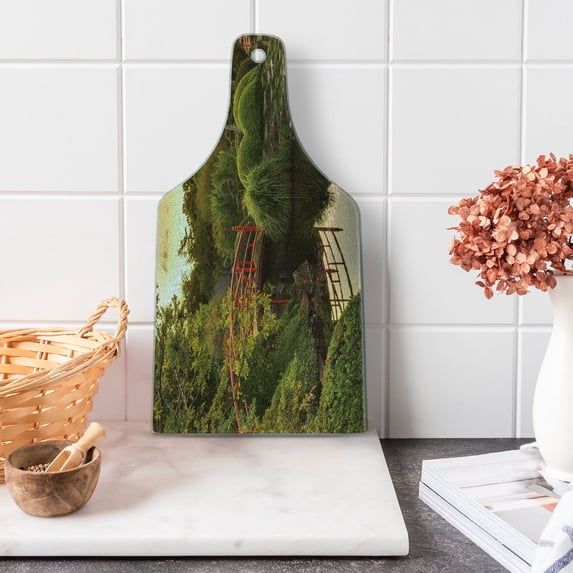 Japanese Cutting Board, Peaceful Garden Twilight Reflections in Water Red Bridge on Pond Sunset, Decorative Tempered Glass Cutting and Serving Board, Wine Bottle Shape, Green Yellow, by Ambesonne