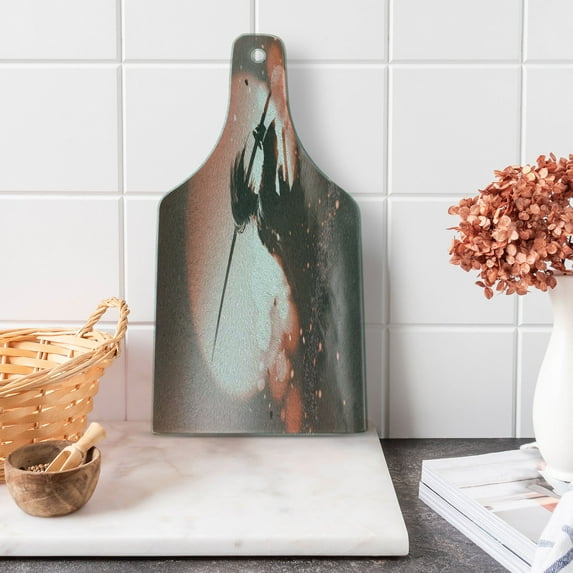 Japanese Cutting Board, Reflection of Samurai Practicing Sunset Background Free from Death Concept, Decorative Tempered Glass Cutting and Serving Board, Wine Bottle Shape, Salmon Umber, by Ambesonne