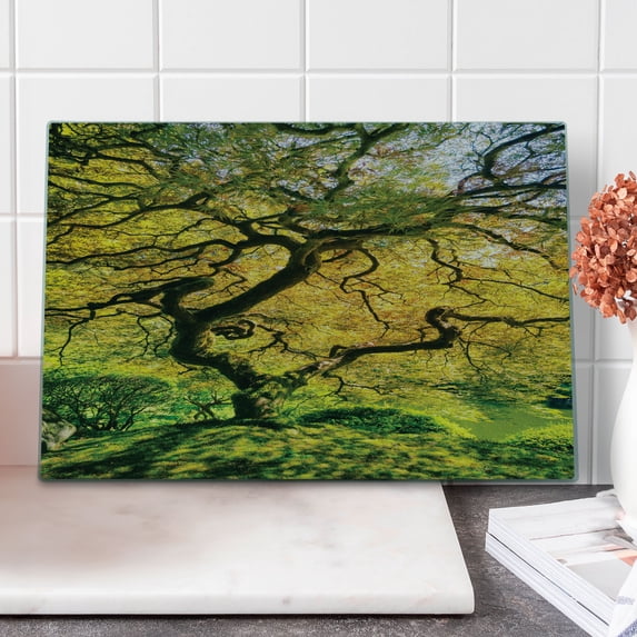 Japanese Cutting Board, Shadows of Large Maple Along with River with Sun Rays Fall Season Nature Theme, Decorative Tempered Glass Cutting and Serving Board, Large Size, Green Yellow, by Ambesonne