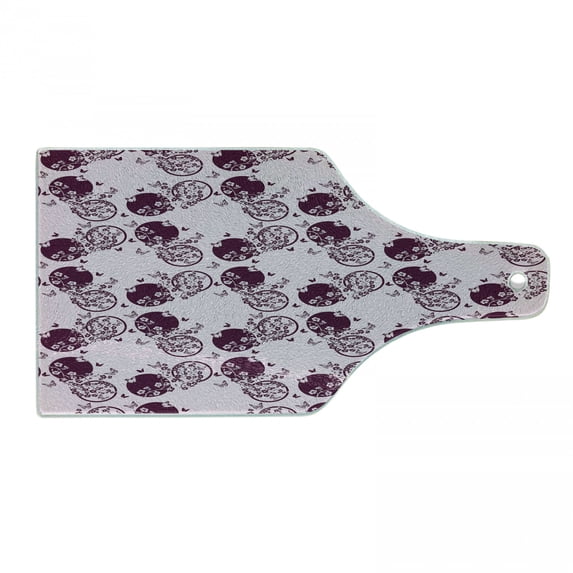 Japanese Cutting Board, Traditional Cherry Blossom Sakura Branches Butterflies on Large Polka Dots, Tempered Glass Cutting and Serving Board, Wine Bottle Shape, Pale Pink Plum, by Ambesonne