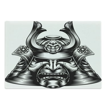 Japanese Cutting Board, Vintage Style Oriental Themed Demon Samurai Eastern Style Martial Art Print, Decorative Tempered Glass Cutting and Serving Board, Large Size, Black White, by Ambesonne