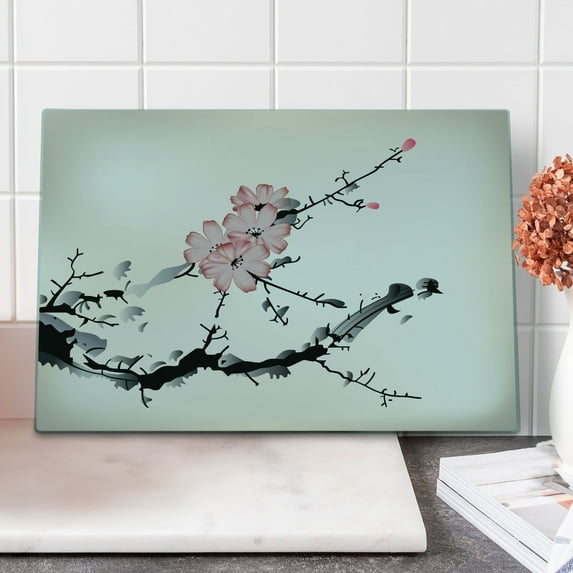 Japanese Cutting Board, Watercolors Illustration Traditional Native Blossoming Floral Temperate Zone Plant, Decorative Tempered Glass Cutting and Serving Board, Large Size, Pink Black, by Ambesonne