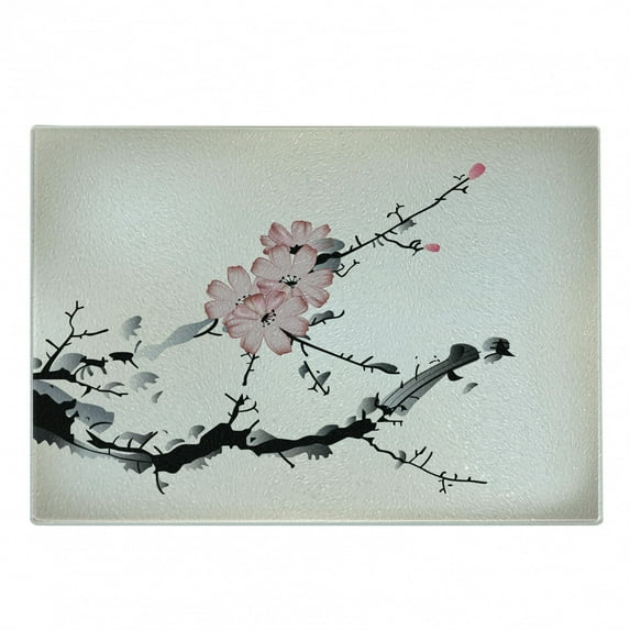 Japanese Cutting Board, Watercolors Illustration Traditional Native Blossoming Floral Temperate Zone Plant, Decorative Tempered Glass Cutting and Serving Board, Small Size, Pink Black, by Ambesonne