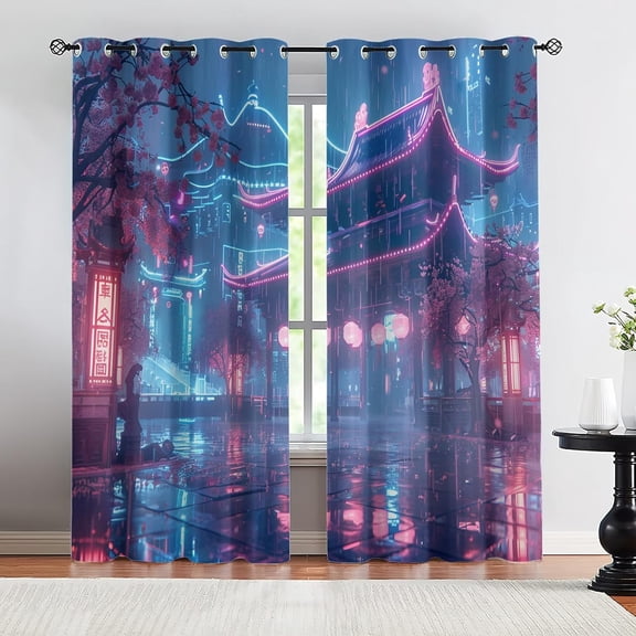 Japanese Cyberpunk Blackout Curtains, Futuristic City Sci-Fi Window Curtains, Thermal Insulated Drapes for Bedroom Living Room Kitchen Decor 26"W x 45"L (2 Pack)