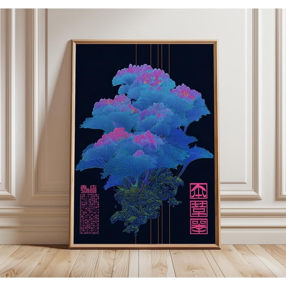 Japanese Cyberpunk Poster Neon Botanical Print Futuristic Home Decor