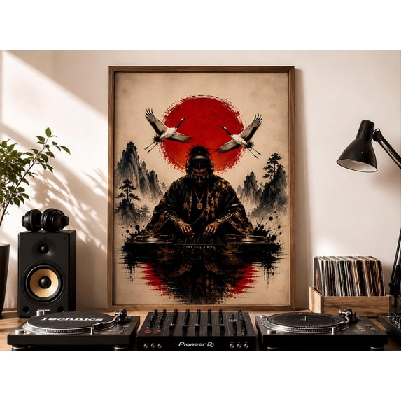 Turnadle Japanese DJ Music Sun Crane Japandi Turntable Music Studio Poster ...