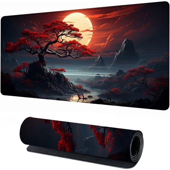 Japanese Dark Canyon Mouse Pad, Large Japanese Desk Mat, XXL Anime Gaming Keyboard Mat, Non-Slip Rubber Base & Stitched Edges, Big Extended Desk Protector for Home Office, 31.5x15.7