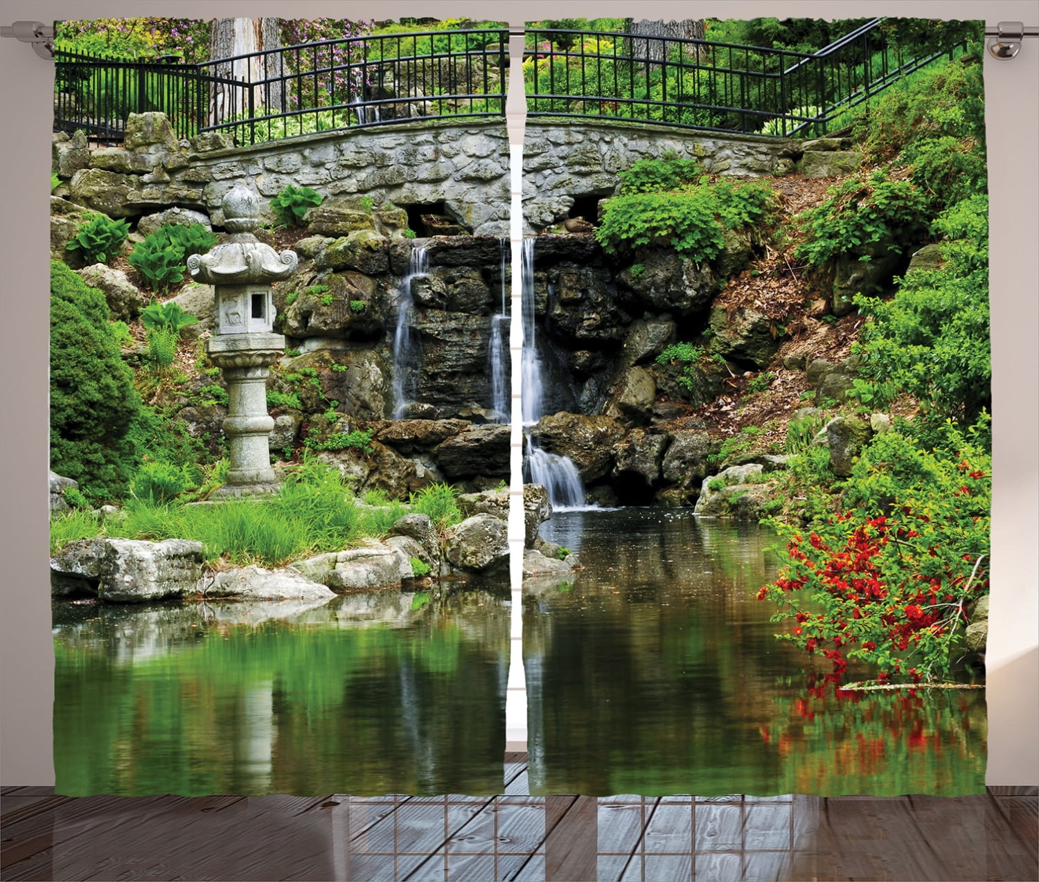 Japanese Garden Waterfall Polyester Light-Filtering Window Panels, 108" x 84", White Green