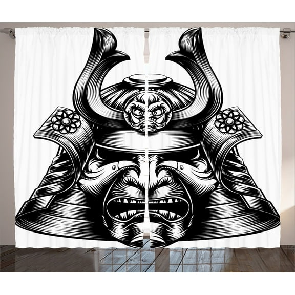 Ambesonne Japanese Curtains 2 Panel Set, Samurai Martial, 108" x 90", Black White