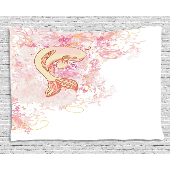 Japanese Decor Tapestry, Asian Koi Fish on Classic Reflexive Splashed Love Themed Exotic Zen Decor, Wall Hanging for Bedroom Living Room Dorm Decor, 60W X 40L Inches, Pink Yellow, by Ambesonne