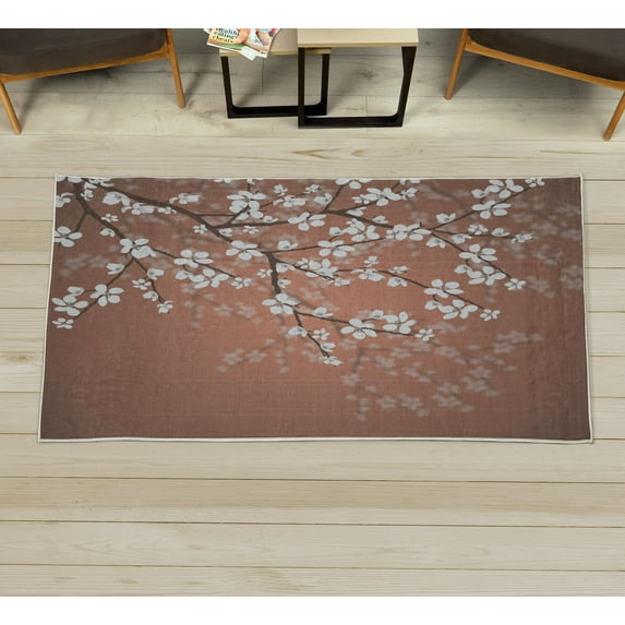 Japanese Decorative Rug, Spring Season Sakura Bloom Design Marine Toned Ombre Color Background, Quality Carpet for Bedroom Dorm and Living Room, 6 Sizes, Pale Chocolate, by Ambesonne