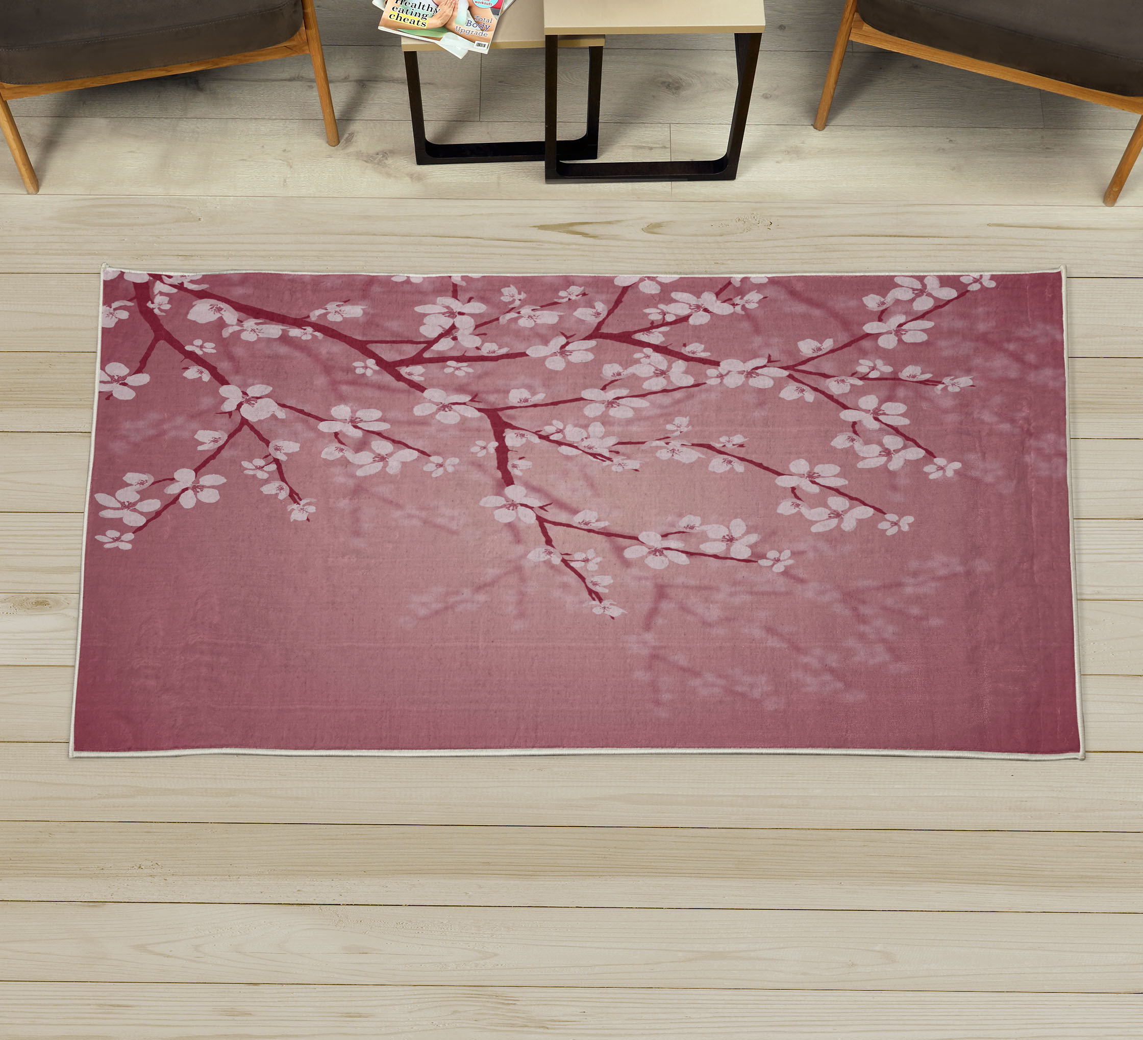 Pink Japanese Rug Japanese Decorative Rug, Spring Season Sakura Bloom Design Marine Toned ...