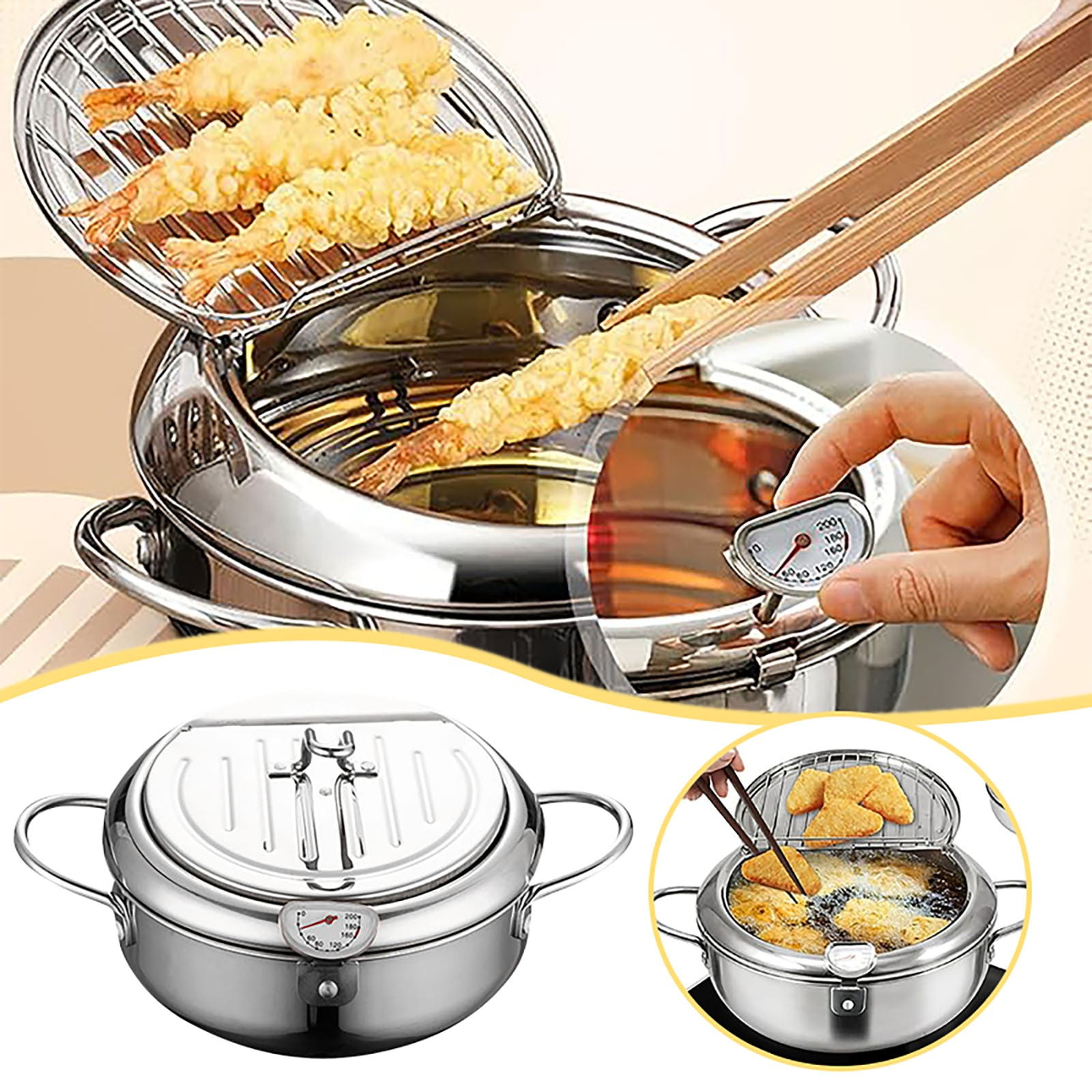 Japanese Deep Fryer, Janpanese Style Tempura Frying Pot with Lid, 304