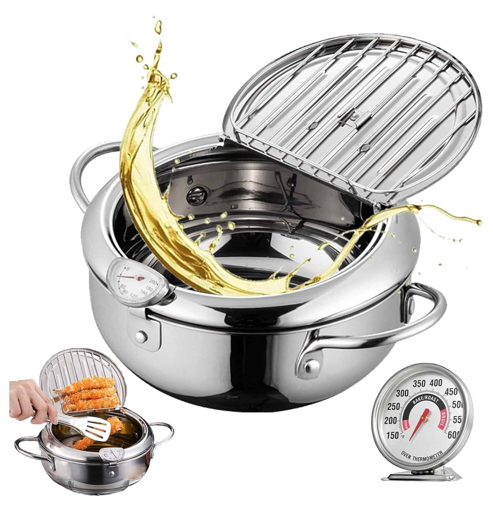 Japanese Deep Fryer Pot Extra Large, Japanese Deep Fryer with Temperature Gauge, Japanese Frying