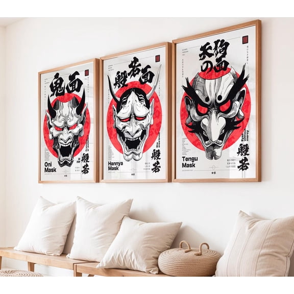 Japanese Demon Mask, Oni, Hannya & Tengu Wall Art Trio, Red Circle Manga Poster, Mythical Spirit Collection 3 in 1 Bundle Printed Poster, Stretched Canvas