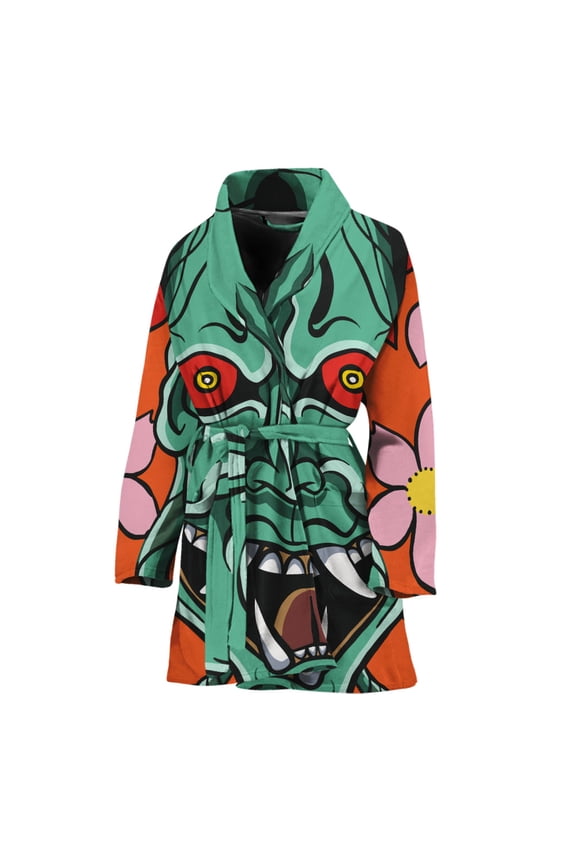 Japanese Demon Women Bathrobe One Size Univeral Fits, Demon Monster Evil Fashion Lightweight Plush Fleece Long Robe For Women