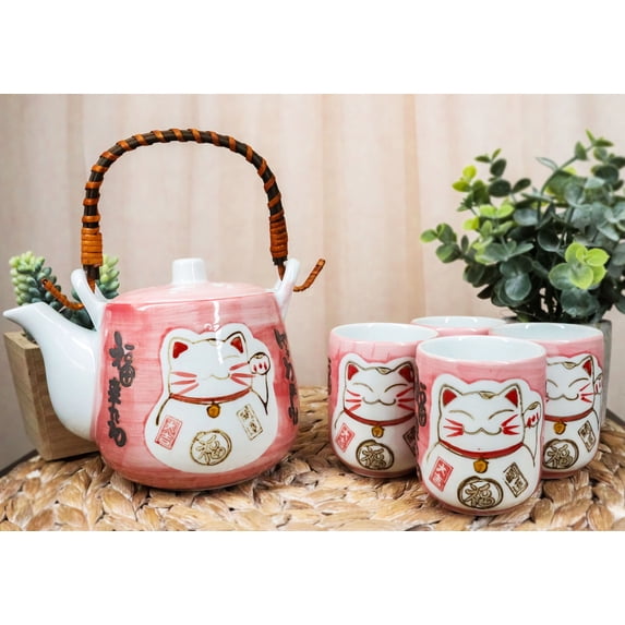 Japanese Design Maneki Neko Lucky Cat Pink 20oz Ceramic Tea Pot and Cups Set