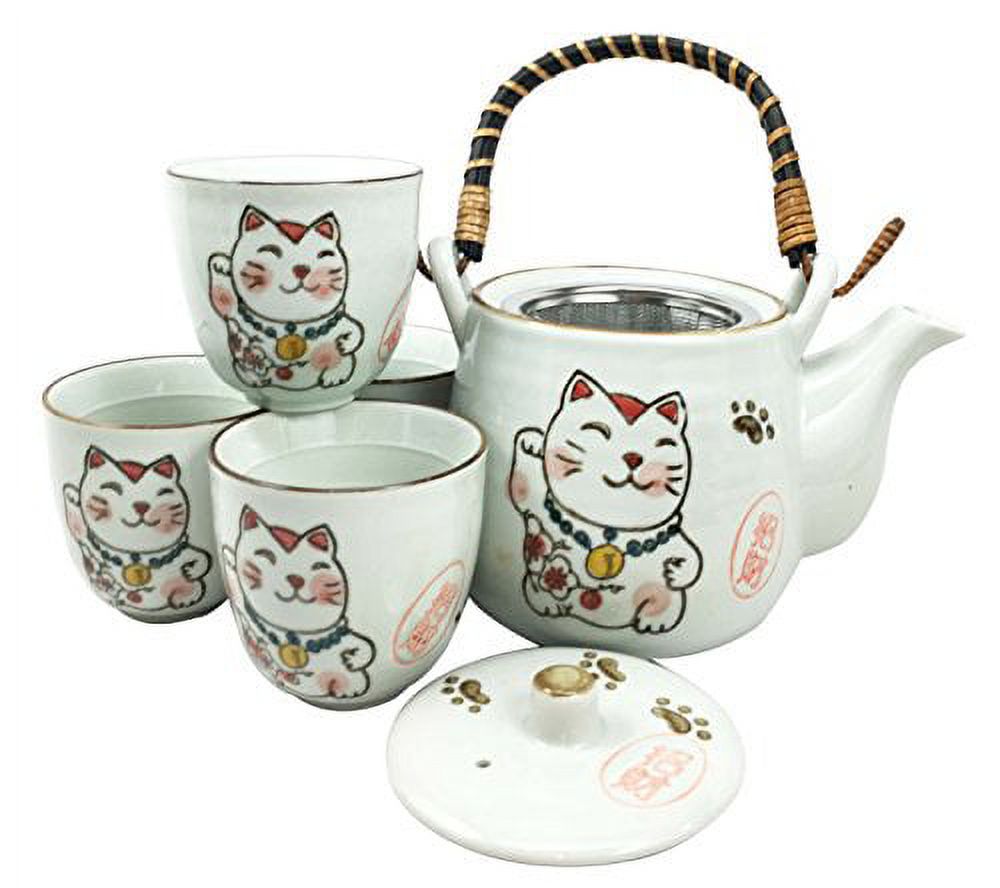 Japanese Design Maneki Neko Lucky Cat White Ceramic Tea Pot and Cups Set Serves 4 Beautifully Packaged in Gift Box Excellent Home Decor Asian Living Gift for Chefs Moms And Sushi Enthusiasts - image 1 of 3