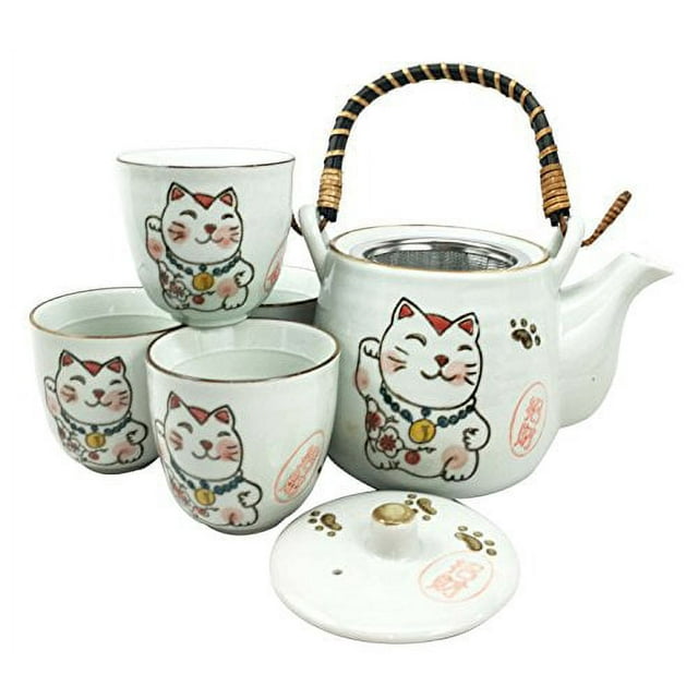 Japanese Design Maneki Neko Lucky Cat White Ceramic Tea Pot and Cups Set Serves 4 Beautifully Packaged in Gift Box Excellent Home Decor Asian Living Gift for Chefs Moms And Sushi Enthusiasts