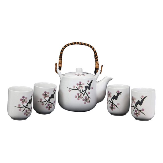 Japanese Design Pink Cherry Blossoms Sakura Porcelain White Tea Pot And Cups Set