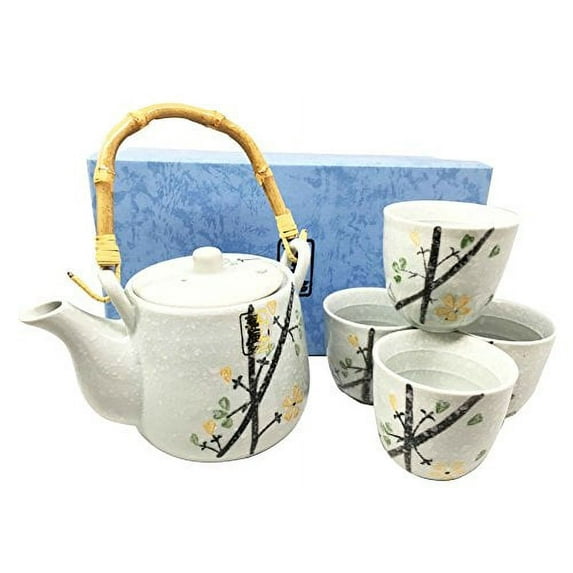 Japanese Design Yellow Cherry Blossom Luxury Ceramic Tea Pot and Cups Set Serves 4 Guests Beautifully Packaged in Gift Box Excellent Home Decor Asian Living