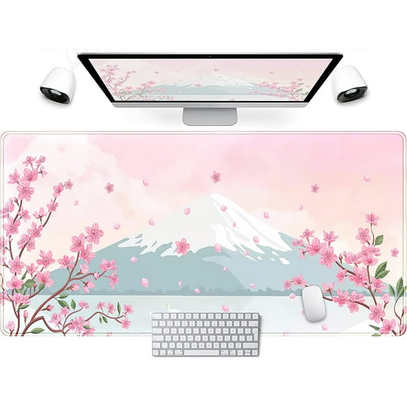 Japanese Desk Mat Pastel Pink Cherry Blossom Mouse Pad Mt Fuji Japan Large Gaming Anime Mousepad XXL 31.5x15.75 in, Kawaii Aesthetic Flower Cute Women Office Decor Computer Laptop Keyboard Mat