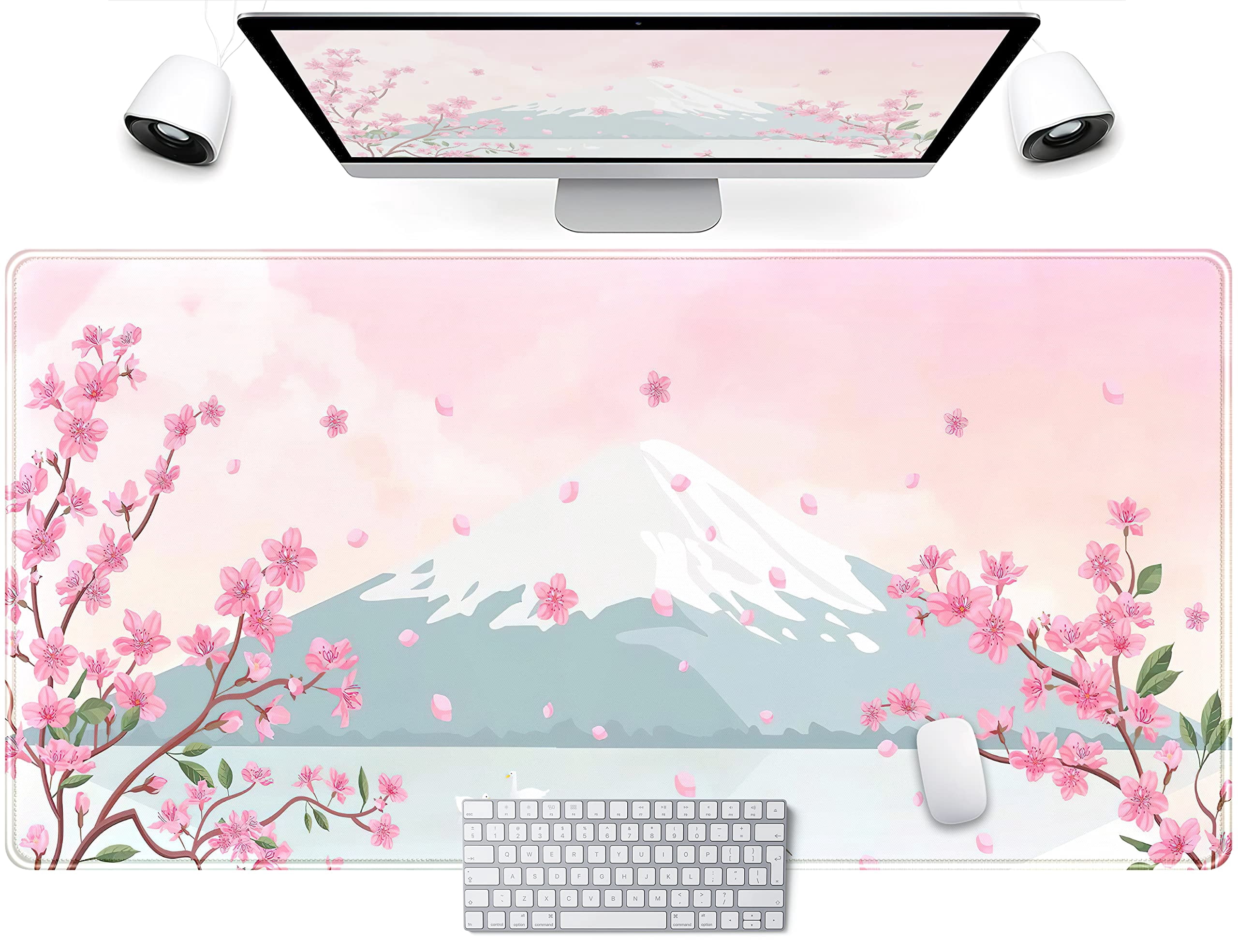 Pink Computer Table Mat Japanese Desk Mat Pastel Pink Cherry Blossom Mouse Pad Mt Fuji Japan ...