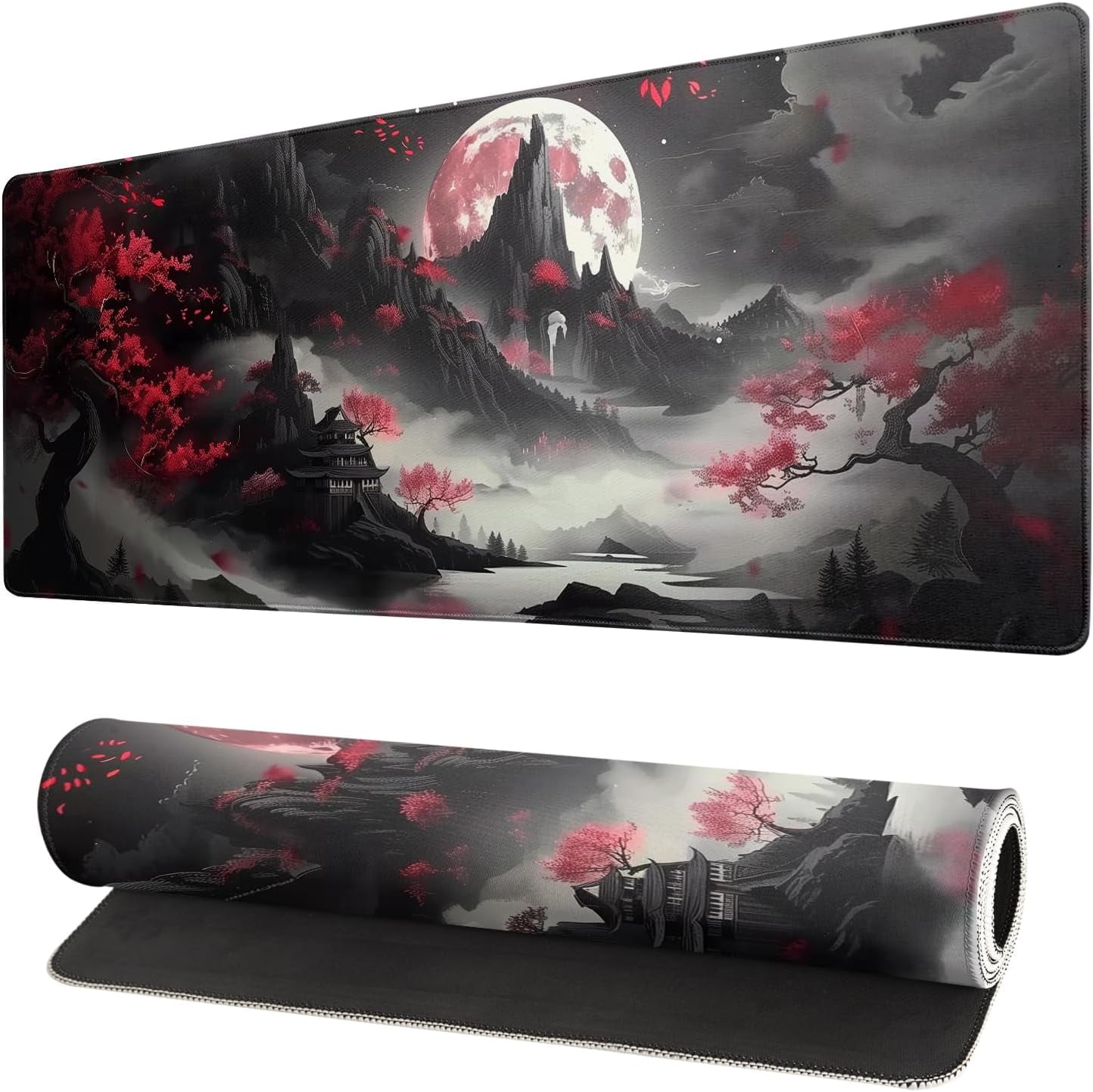 Japanese Desk Mat Red Full Moon Desk Pad Black Riverside Large Mouse ...