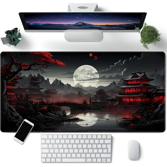 Japanese Desk Mat Riverside Full Moon Desk Pad Black Red Large Mouse Pad Gaming Mousepad Extended XXL Keyboard Pad 31.5 x 15.7 in Laptop Computer Mouse Keyboard Mat for Office Desk Decor
