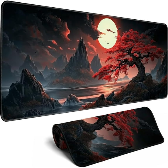 Japanese Desk Mat Riverside Full Moon Large Mouse Pad Gaming Mousepad Extended XL Keyboard Mat Computer Laptop Mouse Desktop Mat 31.5 X 11.8 Desk Decor