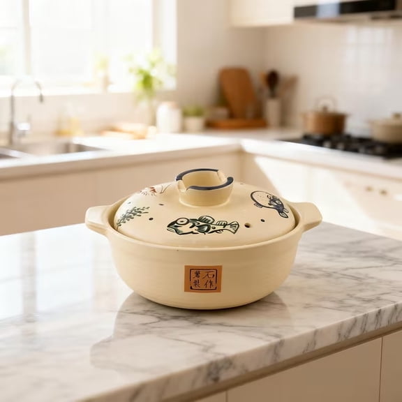 Japanese Donabe 3.4QT Ceramic Clay Cooking Pot - Traditional Stew Pot for Soup, Rice, Bibimbap, Lead-Free, Oven & Dishwasher Safe, Seafood Design