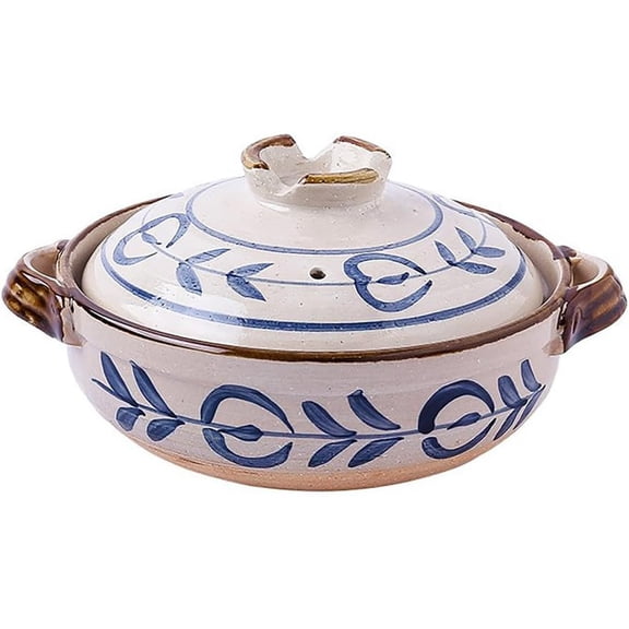 Japanese Donabe Ceramic Hot Pot Household Restaurant Kitchen Ceramic Pot Heat Resistant Double Ear Pot with Handle Round Ceramic Cookware for Stew Steam Soup Bowl Blue 800ml