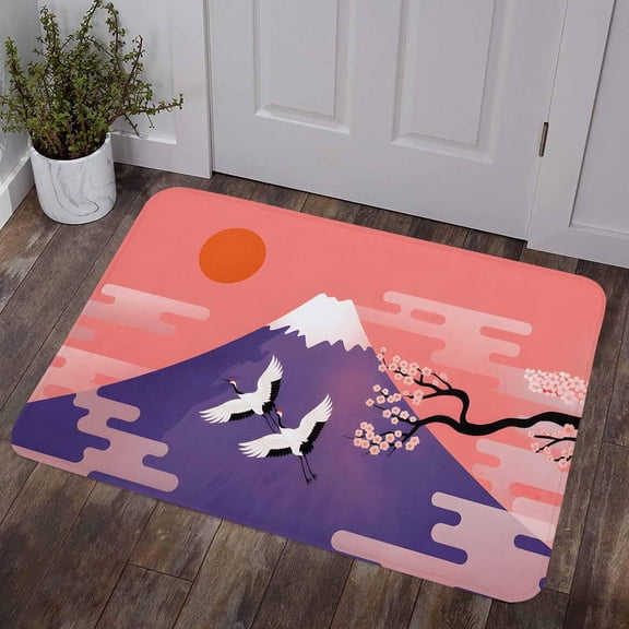 Japanese Door Mat 16" x 24" Indoor/Outdoor Rug for Entry Way, Nature Mountain Sun Blossoms Cherry Scenery Doormat Front Door Rug Heavy Duty Welcome Mat, Non Slip Rubber Back for Garden Patio