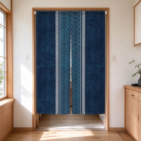 Japanese Doorway Curtain, Blue Noren Door Curtain with Split Panel Design, 33.5 x 70.9in, Polyester Room Divider for Kitchen Home