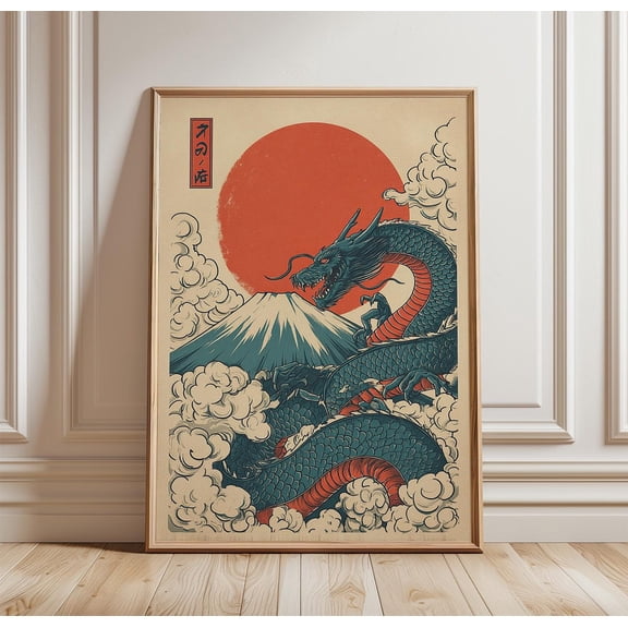 Japanese Dragon And Mount Fuji Poster Print Red Sun Mythical Wall Art Ukiyo Style Decor