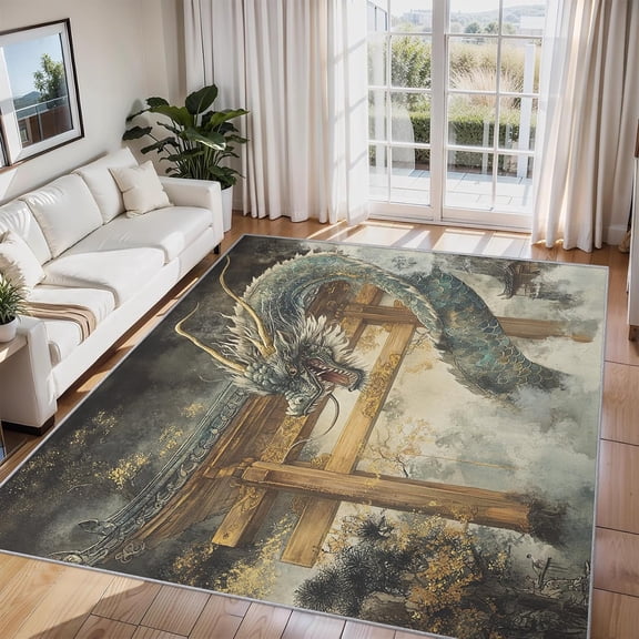 Japanese Dragon Area Rug Torii Style Mythical Carpet Washable Non Slip Soft Living Room Bedroom Entrance Mat 2x3ft