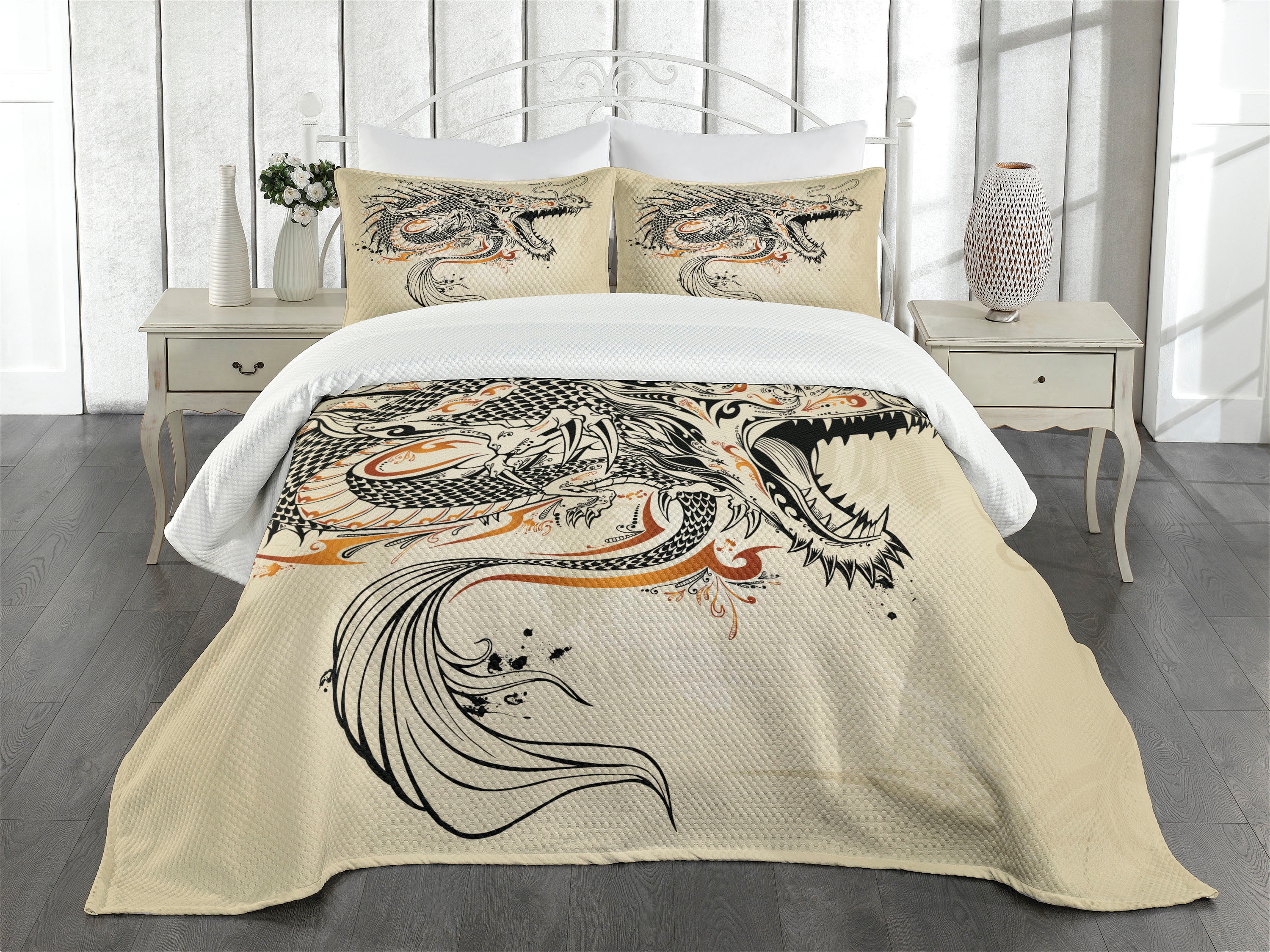 Japanese Dragon Bedspread Set King Size, Doodle Style Roaring Creature