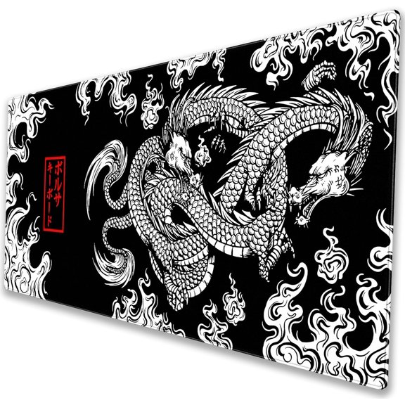 Japanese Dragon Desk Mat XL Extended Gaming Mouse Pad Computer Mat waterproof smooth fabric surface, non-slip natural rubber base with durable anti-fray stitched edges. 31.5" × 11.8"