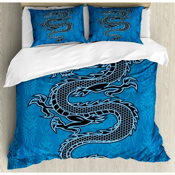 Japanese Dragon Duvet Cover Set King Size, Black Dragon on Blue Tribal Background Year of the Dragon Themed Art, Decorative 3 Piece Bedding Set with 2 Pillow Shams, Blue Black White, by Ambesonne