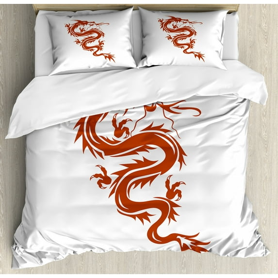 Japanese Dragon Duvet Cover Set King Size, Japanese Mythology Theme Ornamental Figure Red Silhouette Fiery Character, Decorative 3 Piece Bedding Set with 2 Pillow Shams, Red White, by Ambesonne