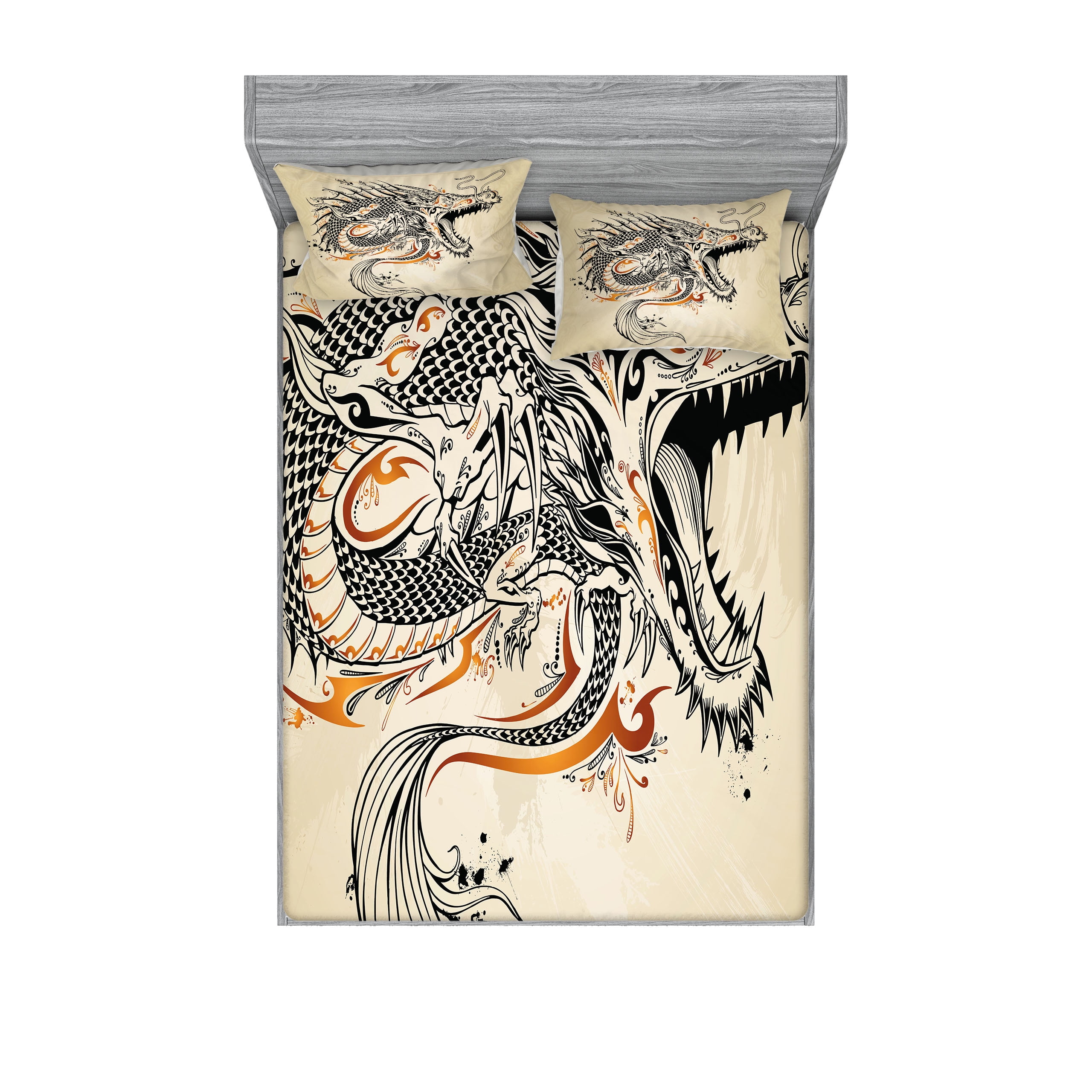 Japanese Dragon Fitted Sheet & Pillow Sham Set, Doodle Style Roaring