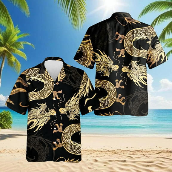 Japanese Dragon Hawaiian Shirt for Men, Button Down Summer Beach Short Sleeve, S-5XL