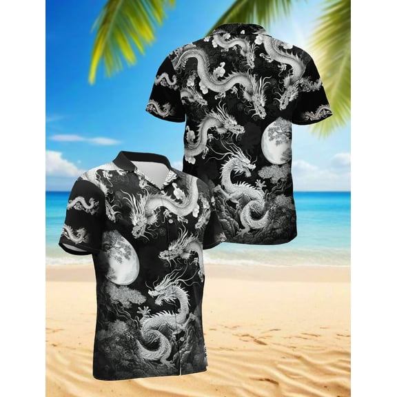 Japanese Dragon Hawaiian Shirt for Men, Button Down Summer Beach Short Sleeve, S-5XL