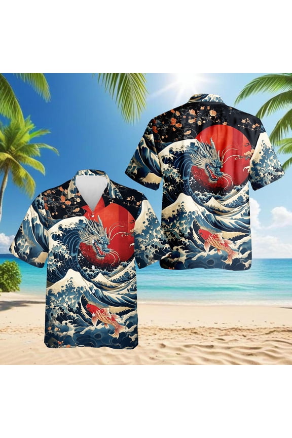 Japanese Dragon Koi Fish Hawaiian Shirt for Men, Button Down Summer Beach Short Sleeve, Sizes S-5XL