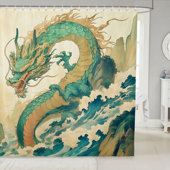 Japanese Dragon Ocean Wave Shower Curtain, Waterproof, for Kids