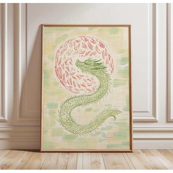 Japanese Dragon Poster Mythical Folk Art Print Asian Sun Wall Decor