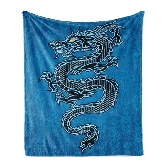 Japanese Dragon Soft Flannel Fleece Blanket, Black Dragon on Blue Tribal Background Year of the Dragon Themed Art, Cozy Plush for Indoor and Outdoor Use, 50" x 70", Blue Black White, by Ambesonne