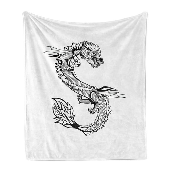 Japanese Dragon Soft Flannel Fleece Throw Blanket, Far Esoteric Monster Symbolic Thai Style, Cozy Plush for Indoor and Outdoor Use, 60" x 80", Black White, by Ambesonne
