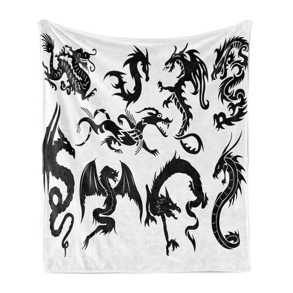 Japanese Dragon Soft Flannel Fleece Throw Blanket, Monochrome Style Cultural Oriental Creatures Design, Cozy Plush for Indoor and Outdoor Use, 60" x 80", Black White, by Ambesonne